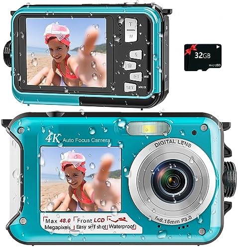 4K Digital Camera 11FT Waterproof Camera with 32GB Card 48MP Autofocus Dual-Screen Selfie Underwater Camera for Snorkeling Compact Floatable Point and Shoot Digital Camera 1250mAh Battery (Blue)