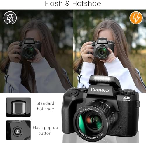 Saneen Digital Camera, 4k Cameras for Photography & Video, 64MP WiFi Touch Screen Vlogging Camera for YouTube with Flash, 32GB SD Card, Lens Hood, 3000mAH Battery, Front and Rear Cameras - Black - Image 5