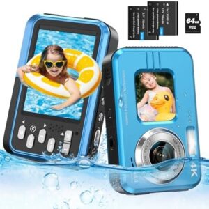4K Waterproof Camera Underwater Camera Snorkeling 11FT with 64GB Card Dual Screens Selfie 48MP Autofocus 16X Zoom Compact Digital Camera Waterproof with 2 Batteries (Blue)