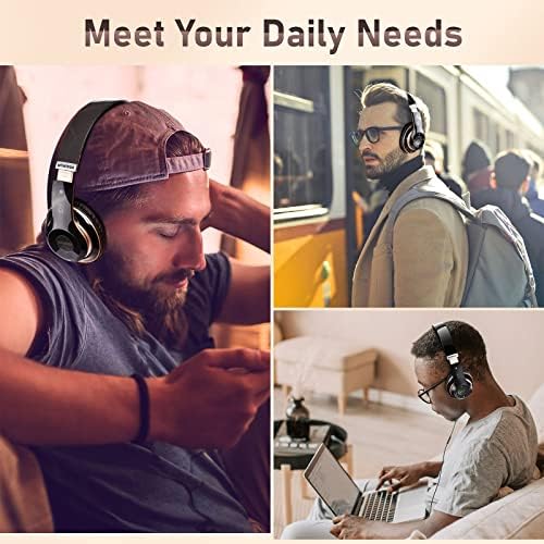 Bluetooth Headphones Over Ear, 6S Wireless Headphones Wired with 6 EQ Modes, 40 Hours Playtime Foldable HiFi Stereo Headset with Microphone, FM/TF for Cellphone/PC/Work (Black & Gold) - Image 7
