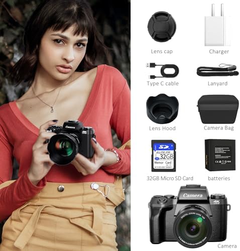 Saneen Digital Camera, 4k Cameras for Photography & Video, 64MP WiFi Touch Screen Vlogging Camera for YouTube with Flash, 32GB SD Card, Lens Hood, 3000mAH Battery, Front and Rear Cameras - Black - Image 9