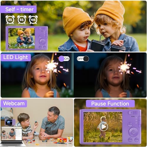 FHD 4K 44MP Digital Camera for Kids Video Camera with 64GB SD Card 16X Digital Zoom, Compact Point and Shoot Camera Portable for Kids 4K YouTube Camera (Purple) - Image 4