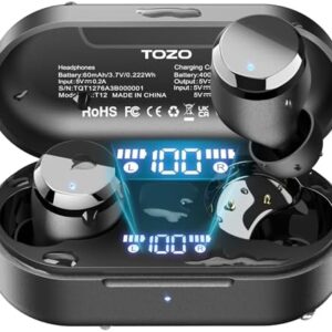 TOZO T12 Wireless Earbuds Bluetooth 5.3 Headphones Built-in ENC Noise Cancelling Mic, 55 Hrs Playtime App Customize EQ IPX8 Waterproof LED Digital Display Premium Sound Headset Black