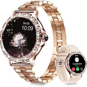 Smart Watches for Women (Answer/Make Call) with Diamonds, 1.3” HD Touch Screen Bluetooth Smartwatch for Android iOS Phones, Fitness Activity Trackers with Heart Rate/SpO2/BP/Sleep Monitor (Gold)