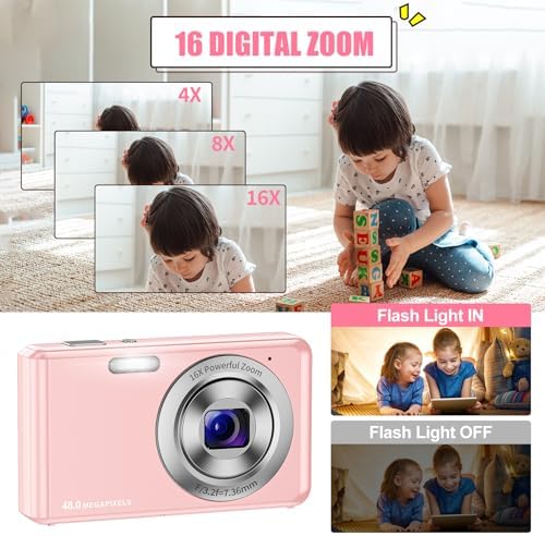 Digital Camera, HD 1080P Compact Camera with 32GB Memory Card, 48 Megapixel Camera, 2.4-inch LCD 16x Digital Zoom Digital Camera for Kids, Girls, Teens, Boys and Beginners(Pink - Image 5