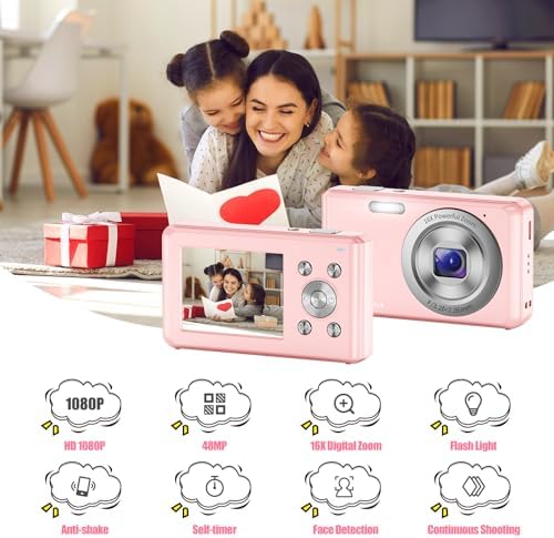Digital Camera, HD 1080P Compact Camera with 32GB Memory Card, 48 Megapixel Camera, 2.4-inch LCD 16x Digital Zoom Digital Camera for Kids, Girls, Teens, Boys and Beginners(Pink - Image 4