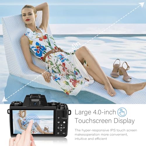 Saneen Digital Camera for Photography, 4K 64MP WiFi Touch Screen Vlogging Camera with Flash, 32GB SD Card, Lens Hood, 3000mAH Battery, Front and Rear Cameras, 4″Big Screen, Hot Shoe Interface - Black - Image 3