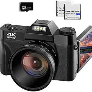 VETEK 4K Digital Cameras for Photography 48MP Vlogging Camera 16X Digital Zoom Manual Focus Rechargeable Students Compact Camera with 52mm Wide-Angle & Macro Lens, 32G TF Card and 2 Batteries W01