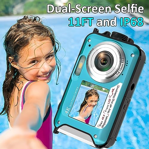 4K Digital Camera 11FT Waterproof Camera with 32GB Card 48MP Autofocus Dual-Screen Selfie Underwater Camera for Snorkeling Compact Floatable Point and Shoot Digital Camera 1250mAh Battery (Blue) - Image 2