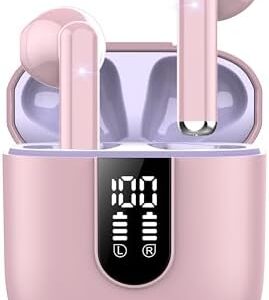 Wireless Earbuds 2024 Bluetooth 5.3 Headphones with HD Mic HiFi Stereo Sound, Wireless Earphones with Dual LED Display Touch Control, IPX7 Waterproof 30H Playtime Mini Ear Buds for iOS Android, Pink
