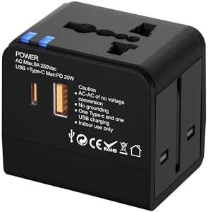Universal Travel Adapter, International Power Plug Adapter, 1500W, 1000MA, with 2 USB-A Ports, All-in-One International Charger for USA EU UK AUS (NW606-1, Black)