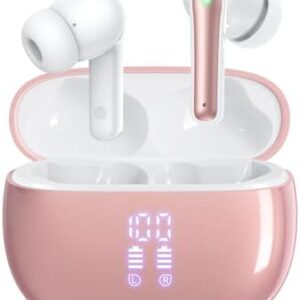 Wireless Earbuds Bluetooth Headphones, 40H Playtime Stereo IPX5 Waterproof Ear Buds, LED Power Display Cordless in-Ear Earphones with Microphone for iPhone Android Cell Phone Sports, Pink