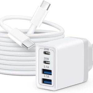 European Travel Plug Adapter, 40W 4-Port Fast USB C Wall Charger Block International Power Plug with 6FT USB C Cable for iPhone/iPad/Samsung/Android US to Most of Europe EU Spain Italy France Germany