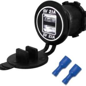 Dual USB Charger Socket, Waterproof 2.1A & 2.1A Fast Charge Dual Port Outlet, USB Cigarette Lighter Socket with Lid, Universal Fit for 12V/ 24V Car Boat RV ATV Bus Truck (White)