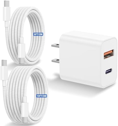 for iPhone 15 USB C Fast Charger,20W Dual Port USB Fast Cell Phone Wall Charger, USBC Charger Block Brick for iPhone 15/15 Pro/15 Pro Max/iPad Pro/AirPods&More(6 ft/10ft USBC Cable Included)