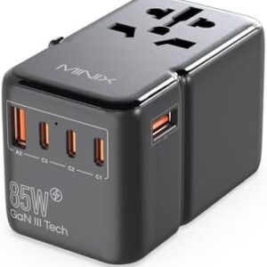 MINIX Universal Travel Adapter, 85W GaN III International Power Adapter, 3 USB-C 2 USB-A Ports, AC Outlet, Worldwide US/UK/EU/AU Travel Charger for Laptops Tablets Phones and More.