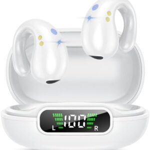 Open Ear Clip Headphones, Wireless Earbuds Bluetooth 5.3 Sports Earphones Built-in Mic with Ear Hooks, 36H Playtime Charging Case LED Display, IP7 Waterproof Fitness Running Ear Buds, White