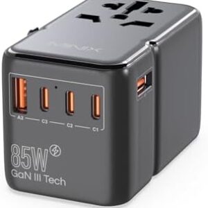 MINIX TP85 Universal Travel Adapter with 85W PD Ports GaN International AC Socket with 2 USB-A and 3 USB-C Port PowerTravel Charger Outlet Converter Worldwide US to Europe EU AU UK
