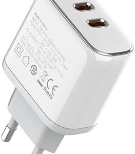 35W European Type C Travel Plug Adapter, Dual Port Fast USB C International Wall Charger Block US to Europe with USB C Charging Cables for iPhone 15/14/13/12/11 Pro Max,XS,Samsung,and More (White)