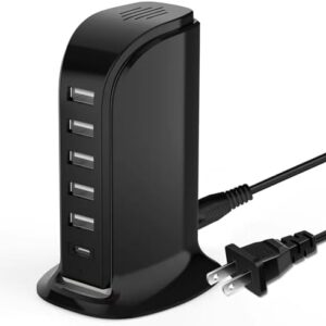 USB Charging Station, 20W 6ports with Auto Detect Safety Technology, 5 USB Ports + 1 Type C Port Multiport Charger Tower, Compatible with Smartphones, Tablets and Other USB Devices | 20W Black