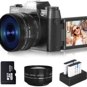 Digital Camera for Photography 4K Vlogging Camera for YouTube 48MP 16X Digital Zoom 3 inch 180° Flip Screen with WiFi 52mm Wide-Angle Lens & Macro Lens, 32G Micro Card and 2 Batteries