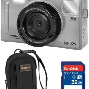 Minolta MND25 Digital Camera, 48 MP Autofocus, 4K Ultra HD Camera with Selfie Mirror & 32GB SD Card, Silver, Bundle with Slinger Camera Bag (Silver)