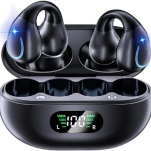 Open Ear Clip Bone Conduction Wireless Earbuds Bluetooth 5.3,Sports Earphones Built-in Microphone with Earhooks,with Digital Display Charging Case,IPX7 Waterproof Fitness Headphones for Runnin(Black)