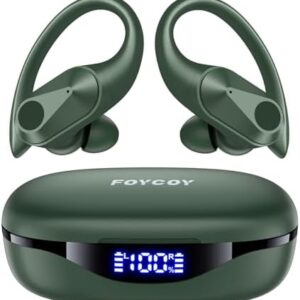 Bluetooth Headphones Wireless Earbuds 90Hrs Playtime Ear Buds IPX7 Waterproof Sports Earphones with Wireless Charging Case & Over-Ear Earhooks LED Power Display Stereo Headset Olive Green