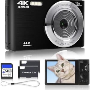 Black Digital Camera 2024 Newest 4K 44MP Digital Cameras for Teens, Digital Point and Shoot Camera for Kids with 16X Zoom, 64GB SD Card, Compact Small Camera for Boys Girls Teens Kids Gift