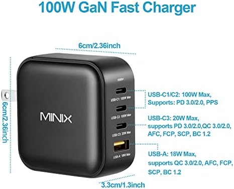 MINIX 100W USB C Charger, NEO P3 Turbo 4-Ports GaN Wall Charger, 3 x USB-C Port Fast Charging Adapter(Max 100W/20W), 1 USB-A (Max 18W). Compatible with MacBook Pro Air, Smart Phone,Laptop and More. - Image 2