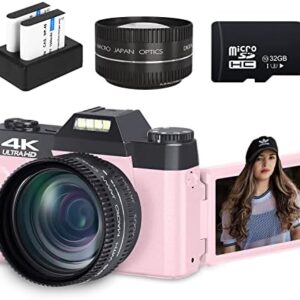 Digital Cameras for Photoggraphy, 4K Vlogging Camera for YouTube with Built-in Fill Light, 16X Digital Zoom, Manual Focus, 52mm Wide Angle Lens & Macro Lens, 32GB TF Card and 2 Batteries Pink