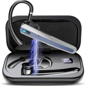 Bluetooth Headset V5.3, Wireless Headset with ENC Noise Canceling Mic, 120Hrs Talk Single-Ear Bluetooth Earpiece, LED Display, IP7 Waterproof Hand-Free Earphone for Trucker/Business, Blue