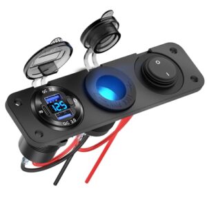 12V USB Outlet Boat Accessories Marine Switch Panel Plug, PD3.0 and Dual QC3.0 USB Ports Aluminum Car Charger with Voltmeter, Lighted 150W Cigarette Lighter Socket and Toggle Switch 3 in 1 DIY Kit