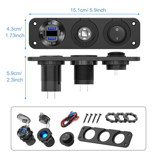 12V USB Outlet Boat Accessories Marine Switch Panel Plug, PD3.0 and Dual QC3.0 USB Ports Aluminum Car Charger with Voltmeter, Lighted 150W Cigarette Lighter Socket and Toggle Switch 3 in 1 DIY Kit - Image 8
