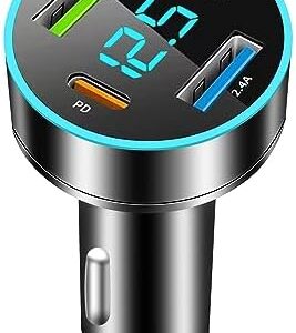 Car Charger Adapter - [Upgraded Version] Car Fast Charger with 4 Ports (PD+QC3.0+USB C) Atmosphere Light - 12-24V Car Truck SUV Universal USB Cigarette Lighter Adapter (QC3.0+Type-C+PD+2.4A)