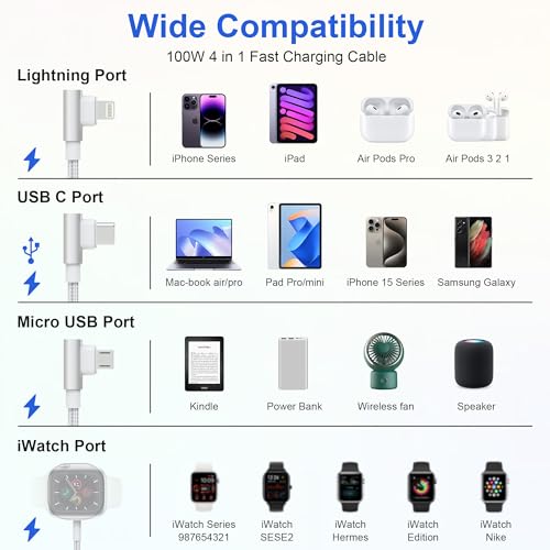 100W Multi Charging Cable for Apple Watch and iPhone 15,4 in 2 10FT USB C/A Fast Charging Cable 90 Degree Travel Charger Cord Nylon Braided Compatible with All iWatch iPhone MacBook iPad Galaxy S23 - Image 6