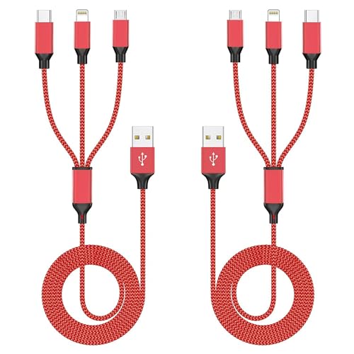 Multi Charging Cable(2Pack 4FT), Nylon Braided 3 in 1 Universal Phone Charger Fast Charging with Type-C/Micro USB and IP Port, Compatible with Most Cell Phones(Red)
