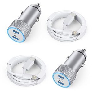 iPhone Car Charger,【2Pack】Dual Port USB C Fast Charger Car Power Adapter [Apple MFi Certfied] Apple Charging Cigarette Lighter with 2Pack Lightning Cable for iPhone 14 13 12 Pro 11 X SE 8 iPad- Silver