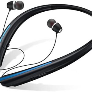 LIUHE Wireless Neckband Bluetooth Headphones with Retractable Earbuds, IPX5 Sweatproof, Microphone, Vibration Call, Stereo Noise Cancelling Earphones for Sports and Driving (Black Blue)