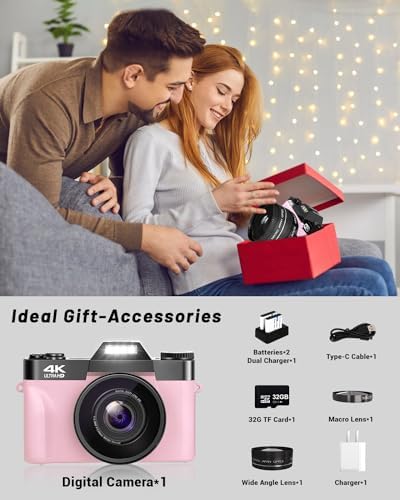 VJIANGER 4K Vlogging Camera for YouTube 48MP Digital Camera for Photography and Video with Flip Screen, Manualfocus, 16X Digital Zoom, 52mm Wide Angle & MacroLens, 32GB TF Card, 2 Batteries(Pink) - Image 2
