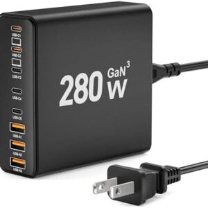 280W USB C Charger Block, 8-Port USB Charging Station GaN III PD 65W Laptop Charger Adapter Compatible with MacBookPro/Air,DELL,iPad,Portable Charging Station for iPhone,Samsung Galaxy (Black)