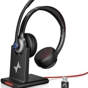 Wireless Headset with AI Noise Cancelling Microphone Bluetooth Headset - Bluetooth V5.2 Headphones with USB Dongle, Charging Base & Mic Mute for Computer/Laptop/PC/iPhone/Android/Cell Phones
