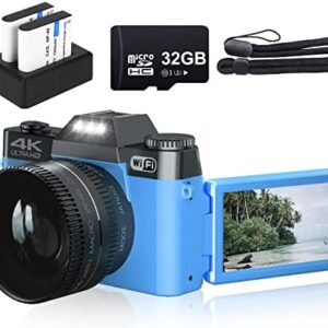 4K Digital Camera for Photography VJIANGER 48MP Vlogging Camera for YouTube with 3.0’’ 180° Flip Screen, WiFi, 16X Digital Zoom, Wide Angle & Macro Lens, 2 Batteries, 32GB Micro SD Card(W02-Blue30)