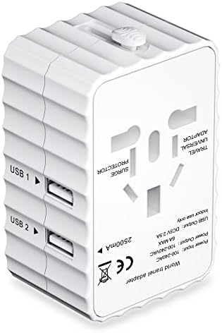 Travel Adapter, Worldwide All in One Universal Travel Adaptor Wall AC Power Plug Adapter Wall Charger with Dual USB Charging Ports for USA EU UK AUS Cell Phone Laptop