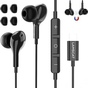 USB C Wired Earbuds, Type C Wired Headphone for Samsung with Mic DAC Chip Built-in Noise Conduction Magnetic in-Ear for Android Pixel OnePlus (Black)