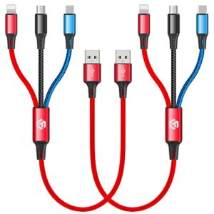 Multi Charging Cable 1FT, Short Multi Charger Braided 3 in 1 Universal Multiple USB Cable with Type C/Micro USB/Lightning Ports Compatible with Most Phones & iPads Power Bank（Charging Only,2Pack）