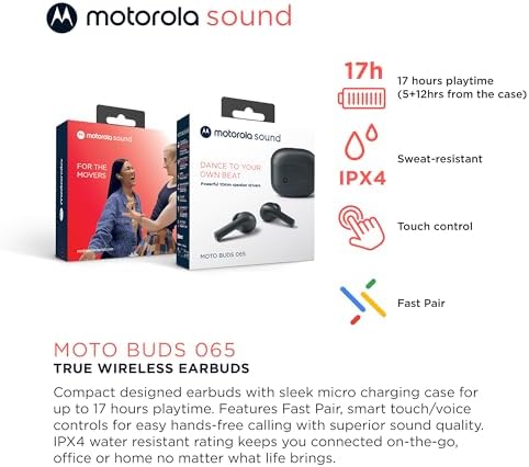 Motorola Moto Buds 065 - True Wireless, Ear Buds, Noise Isolation and 17 Hours Playtime, Touch Control on Both Earbuds, IPX4 Water Resistant, ENC mic for Clear Voice Calls. (Moonless Night) - Image 2