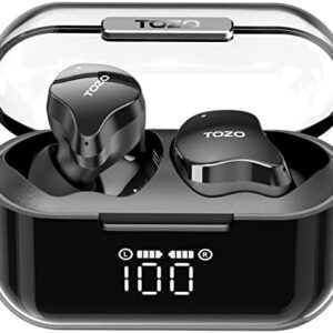 TOZO T18 Bluetooth 5.3 True Wireless Stereo Earbuds IPX8 Waterproof in Ear Headset Call Noise Reduction Headphones with Digital Display and Transparent Case Long Standby Earphones Black