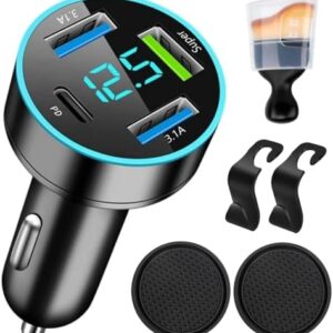 Car Charger 86W Super Fast Charging with USB PD&QC 5.0(Voltmeter&LED Lights) Universal Quick Charge for 12-24V Car Cigarette Lighter Plug,Compatible with All Smartphones (PD+3USB)