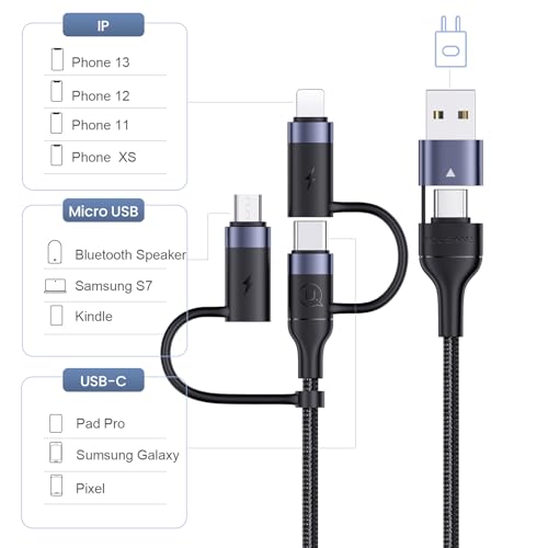 PD 60W USB C Multi Fast Charging Cable Nylon Braided Cord 5-in-1 3A USB/C to Type C/Micro/Phone Fast Sync Charger Adapter Compatible with Laptop/Tablet - Image 2